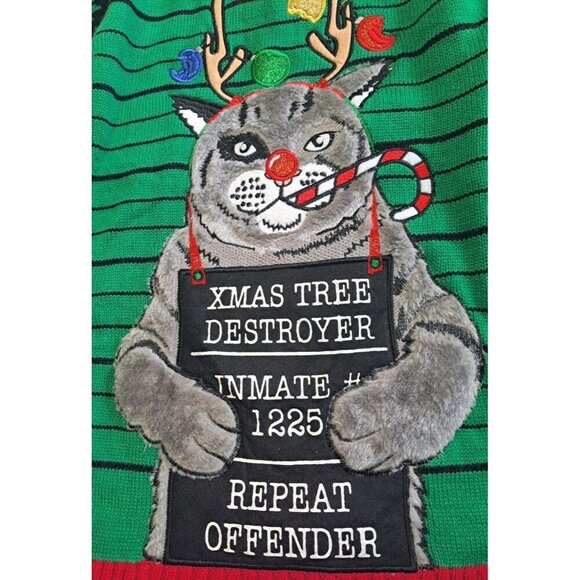 33 Degrees L Ugly Christmas Sweater Cat Mug Shot Long Sleeve Pullover New w/Tags - Picture 5 of 10